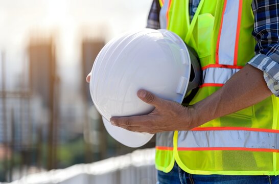 A close up of an engineer hand holding a white safety helmet at an industrial site, Safety first, Construction, Industrial concept