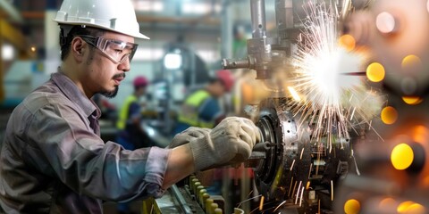 A factory worker in safety gear operates an industrial machine, Manufacturing process, Industrial concept