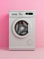 Washing machine in clay style, solid pink backdrop, bird seye view, softfocus , isolated background