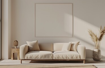 3D rendering of a modern interior design with an empty wall mockup in a living room with a sofa and home decor, blank space for artwork or a poster