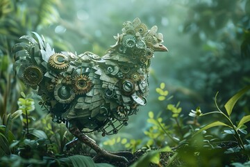 Surreal scene of a chicken composed of mechanical gears and springs, set in a lush garden, soft morning mist , minimalist - obrazy, fototapety, plakaty