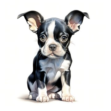 Boston terrier dog. Boston bull terrier dog. Puppy clipart. Watercolor illustration. Generative AI. Detailed illustration.