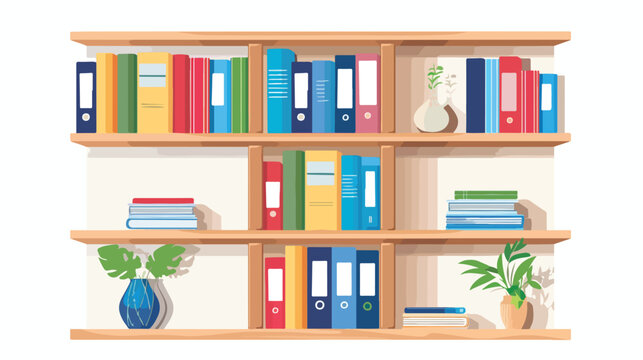 Bookshelf with books and vase with plant on white background