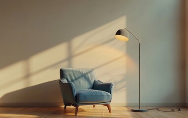 3D rendering of a modern interior design with a blue armchair and floor lamp on an empty wall background - obrazy, fototapety, plakaty