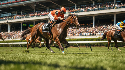 A horse race is in progress with a jockey in an orange helmet and number 9 on his back - obrazy, fototapety, plakaty
