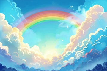 Chubby clouds framing thin rainbow, serene sky, front view, gentle illustration , high detailed