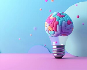 A 3D minimalist light bulb with a vibrant brain pattern, set against a calming pastel indigo background, denoting creative energy , 8K resolution