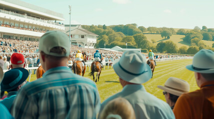 A crowd of people are watching a horse race. The atmosphere is lively and exciting. The horses are running around the track, and the jockeys are focused on the race. The spectators are cheering - obrazy, fototapety, plakaty