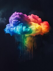 Dark cloud with rainbow rain, saturated hues, front view, dynamic digital art , isolated background - obrazy, fototapety, plakaty