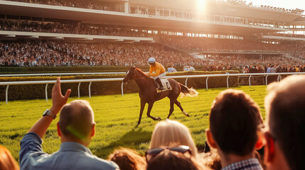 A horse is running in a race with a crowd of people watching. The atmosphere is lively and exciting