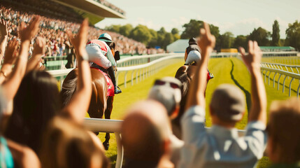 A crowd of people are watching a horse race. The atmosphere is lively and exciting. The horses are running around the track, and the jockeys are focused on the race. The spectators are cheering - obrazy, fototapety, plakaty