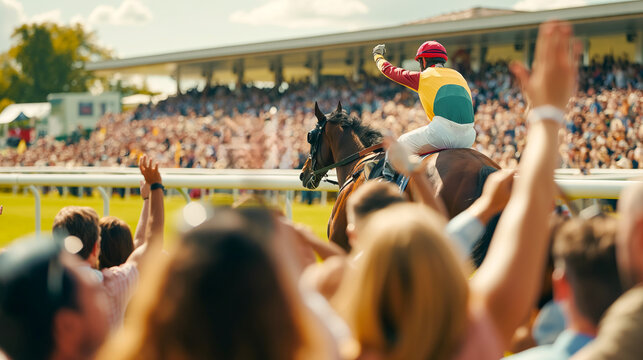 A crowd of people are watching a horse race. The atmosphere is lively and exciting. The spectators are cheering