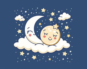 Obraz na płótnie Canvas Smiling crescent moon embracing cloud, starry night, eyelevel, kawaii art , isolated background