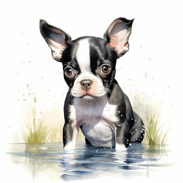 Boston terrier dog. Boston bull terrier dog. Puppy clipart. Watercolor illustration. Generative AI. Detailed illustration.