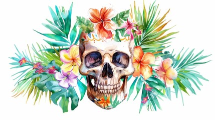 A tropical flower and palm leaf decoration decorates a human skull. A day of the dead clip art illustration is isolated on white.