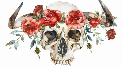 Stoff pro Meter Boho This watercolor illustration shows a human skull with two cow horns wearing a wreath of red roses. Isolated on a white background, this is a vintage bohemian style Halloween clipart illustration.
