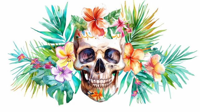 A tropical flower and palm leaf decoration decorates a human skull. A day of the dead clip art illustration is isolated on white.