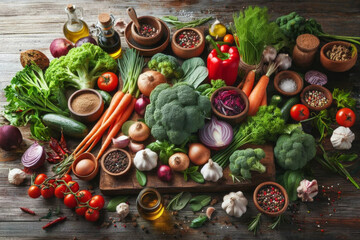 Healthy vegetables lying on a rustic wooden table. Top view.