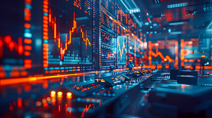 Dynamic financial chart on city backdrop, neon glow illustrating market trends