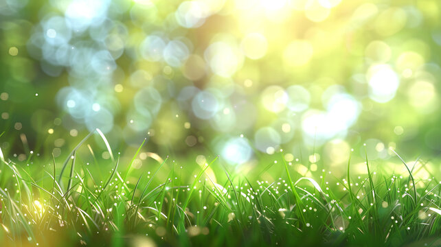 Abstract spring or summer nature background with blurred sunlight and green grass meadow.