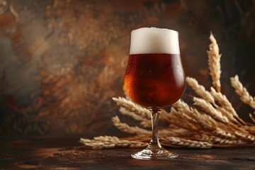 Beer glass on wooden table with foam, alone in bright light, near full bottle, brown color, refreshing drink