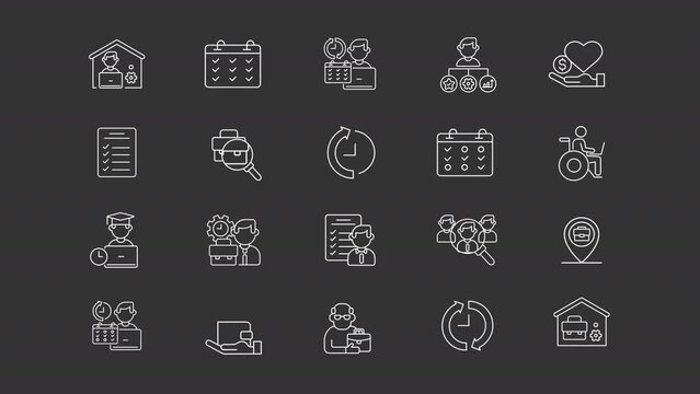 Job vacancy animation library. Employment animated white line icons. Task management, employee recruitment. Isolated illustrations on dark background. Transition alpha. HD video. Icon pack