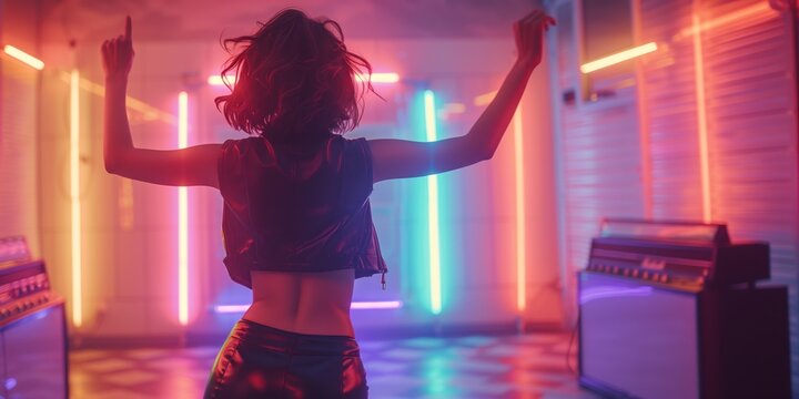 Happy carefree young woman dancing alone having fun at the party, listening to good music, energetic girl moving jumping in modern club interior neon lighting, freedom lifestyle. Walpaper, poster