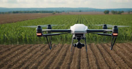 Fototapeta na wymiar A drone in mid-flight with its propellers spinning. It’s flying over an agricultural field where crops are beginning to sprout; the field is organized in neat rows.