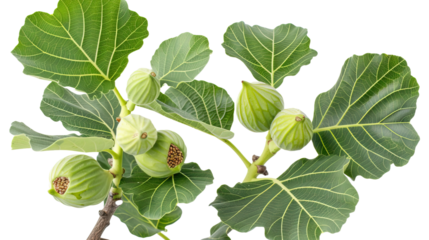 Ornamental figs tree branch with green leaves and on white background,png