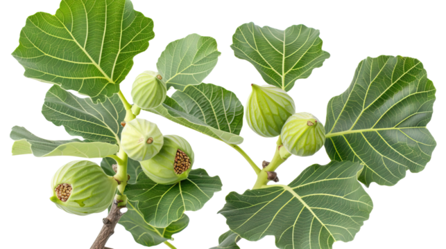 Ornamental figs tree branch with green leaves and on white background,png