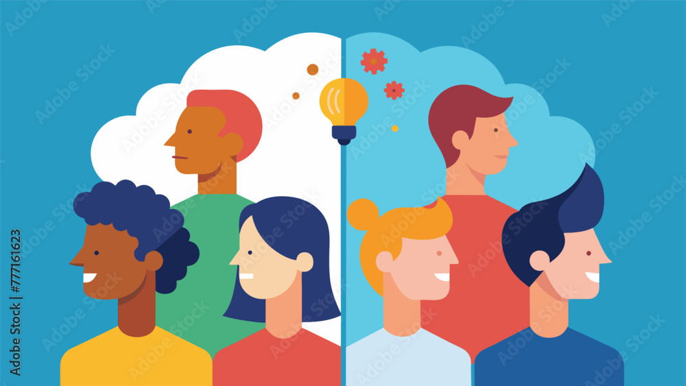 Aufkleber a graphic with a splitscreen on one side showing a diverse group of individuals generating innovativ