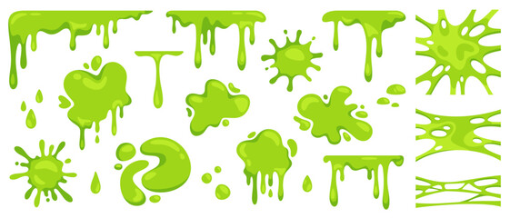 Cartoon green slime. Dripping mucus sticky liquid, slimy blobs, bright toxic stain, slimes border, messy splashes and splatter. Comic Halloween drops elements for banner. Vector set