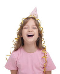 Cute little girl in party hat on white background