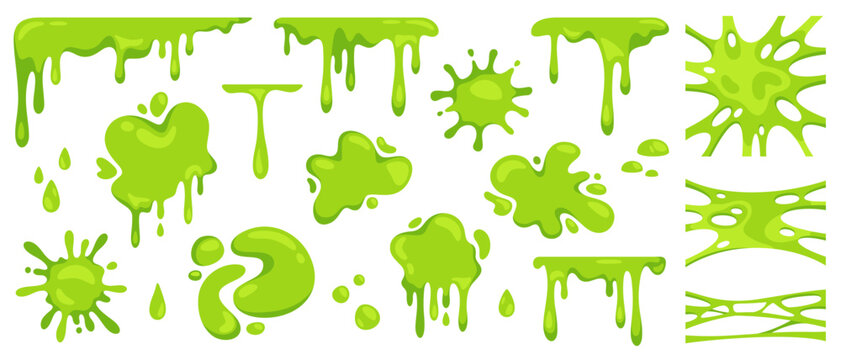 Cartoon green slime. Dripping mucus sticky liquid, slimy blobs, bright toxic stain, slimes border, messy splashes and splatter. Comic Halloween drops elements for banner. Vector set
