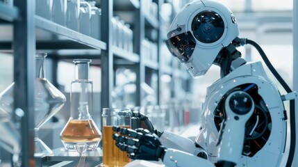 Fototapeta premium Futuristic robot analyzing laboratory glassware in high-tech scientific research facility, robot helps in scientific research