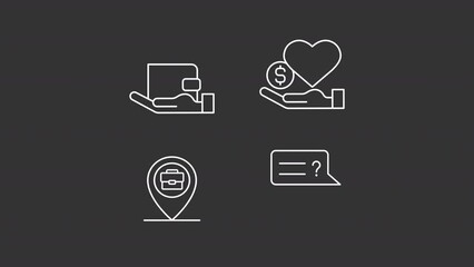 Job benefits animation library. Healthcare security animated white line icons. Life insurance, working bonuses. Isolated illustrations on dark background. Transition alpha. HD video. Icon pack