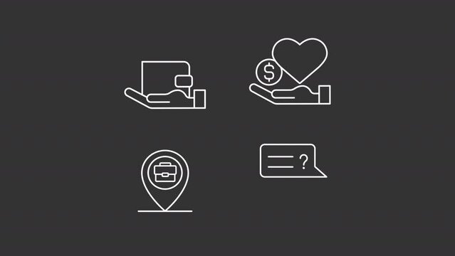 Job benefits animation library. Healthcare security animated white line icons. Life insurance, working bonuses. Isolated illustrations on dark background. Transition alpha. HD video. Icon pack