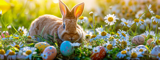 Easter celebration with rabbit in spring meadow, holiday decoration and colorful eggs