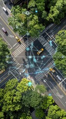 A busy city intersection, where AI-powered traffic management systems efficiently regulate the flow of vehicles, minimizing congestion and improving road safety - obrazy, fototapety, plakaty