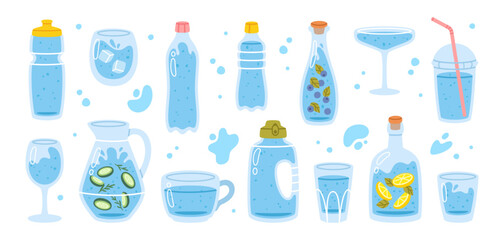 Cartoon water bottles. Flat drink dishes. Glass bottle, jug, sport flask, eco glasses, mug, jar, cup for drinking water. Zero waste, eco product. Drink water. Vector set