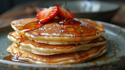Drizzling Maple Syrup on Stack of Fluffy Pancakes for Breakfast - obrazy, fototapety, plakaty