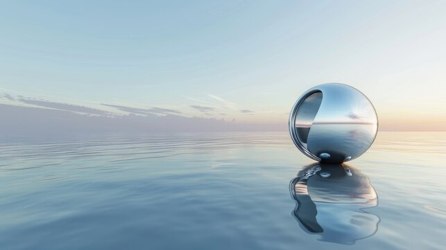 A 3D render with an abstract minimalist background, a futuristic landscape, a wonderful seascape with calm waters, a polished chrome ring and a silver ball under the plain gradient sky.