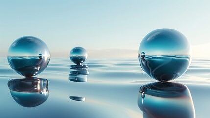 Abstract modern background with glossy chrome balls and silver spheres in the calm water and blue gradient sky. Minimal wallpaper. - obrazy, fototapety, plakaty