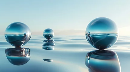 Fototapeten Abstract modern background with glossy chrome balls and silver spheres in the calm water and blue gradient sky. Minimal wallpaper. © Mark