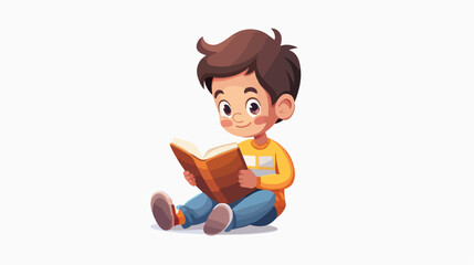 Cartoon little boy sitting and reading a book flat vec