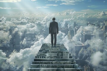 Businessman climbing the money stairs with gray cityscape cloudscape background