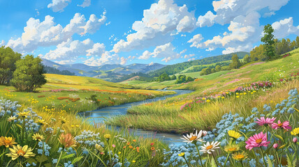 Idyllic countryside scene with rolling hills, vibrant wildflowers, and a meandering river.