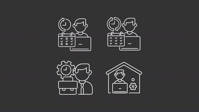Freelancers animation library. Remote work animated white line icons. Working from home. Online employment. Isolated illustrations on dark background. Transition alpha. HD video. Icon pack