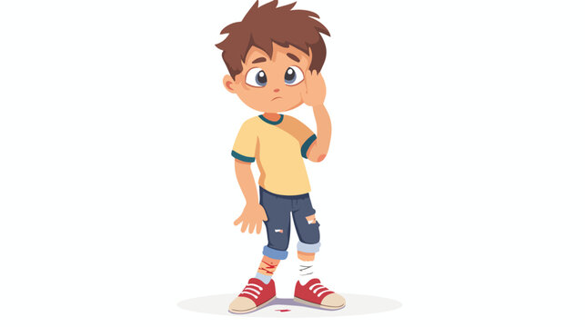 Cartoon little boy with broken arm and leg flat vector
