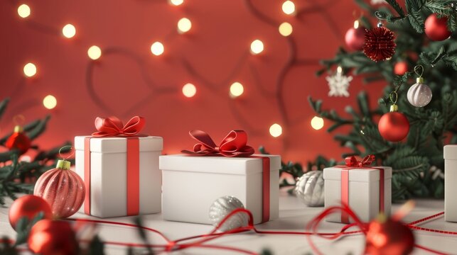 The Christmas holiday background depicts wrapped presents and ornaments. 3D render, Winter holiday wallpaper.